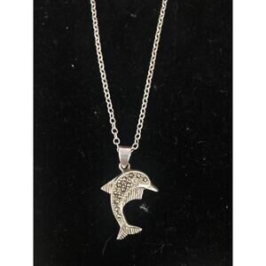 Sterling Silver Marcasite Dolphin Pendant 17” Cable Chain Necklace 925 6.24g